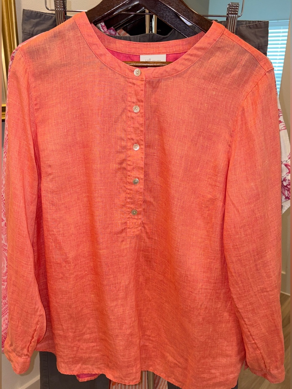 J. Jill Linen Orange Band Collar Button Popover Long Sleeve Top Sz Medium Tall